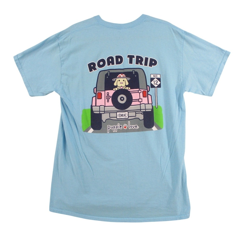 Puppie Love Road Trip OBX Jeep Graphic T-Shirt Blue Mens Large Cotton
